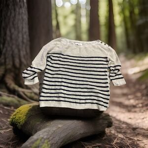 Ann Taylor LOFT Womens Sweater sz M Beige Striped 3/4 Sleeve Boat Neck Open Knit